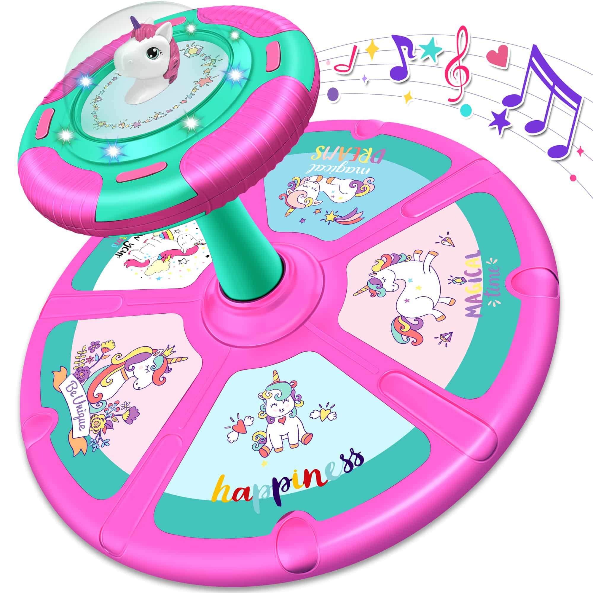 RMOKA unicorn sit and spin toy promotes balance in toddlers with safe rounded edges.