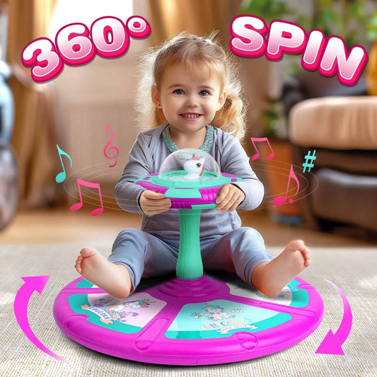 RMOKA unicorn spin toy features LED lights to capture attention during play.
