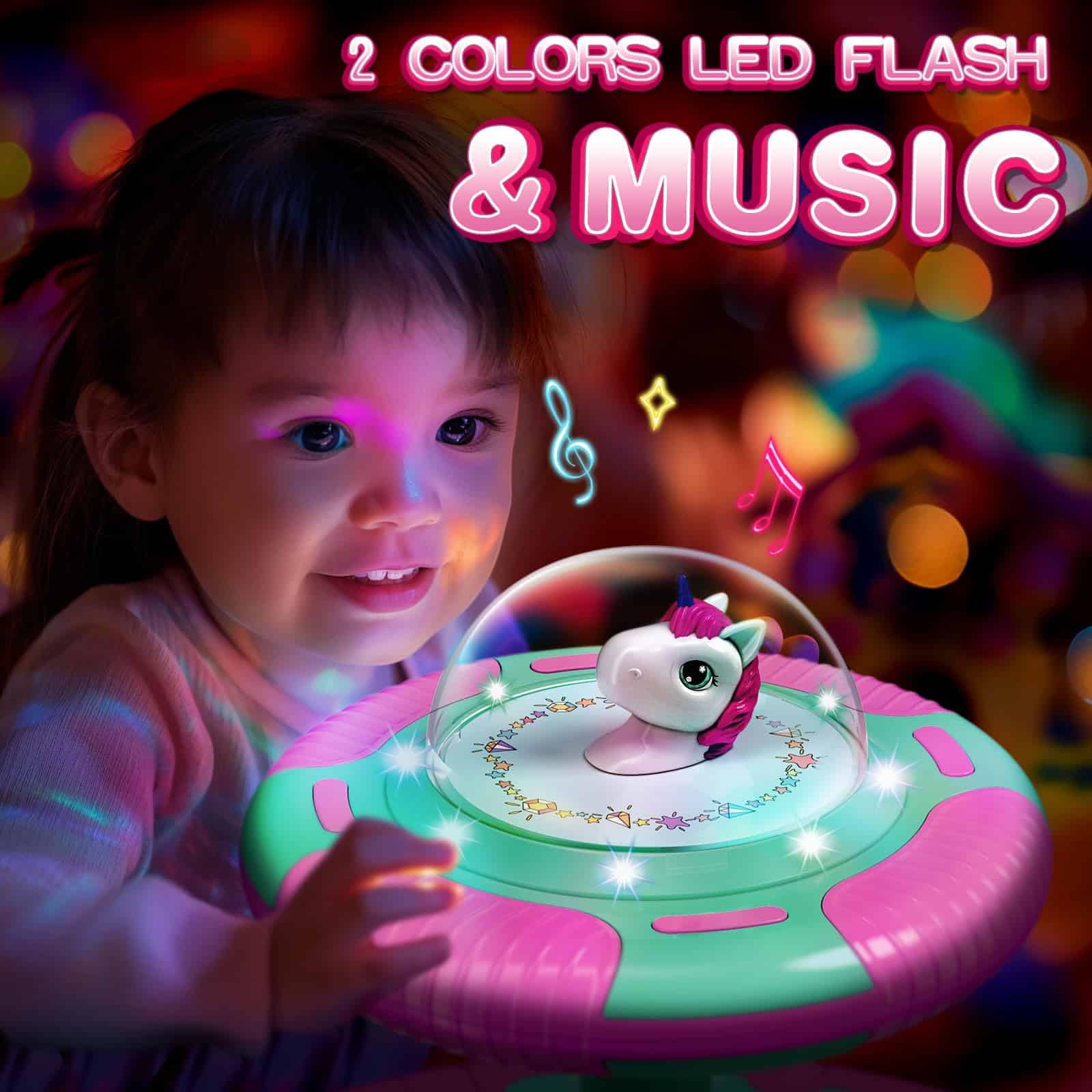 RMOKA unicorn spin toy offers three modes for quiet, lights only, or lights with music.