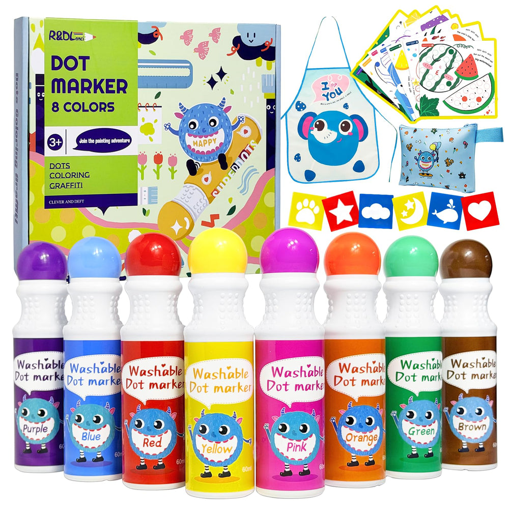 R&DLanci washable dot markers in eight colors for toddler art and learning.