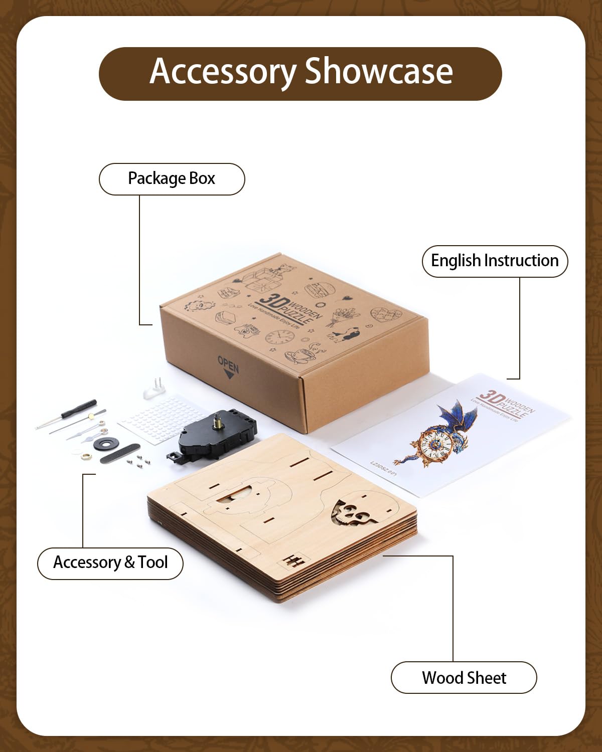 Rnfinewow 3D puzzle assembly packaging showing included parts and clear guide.