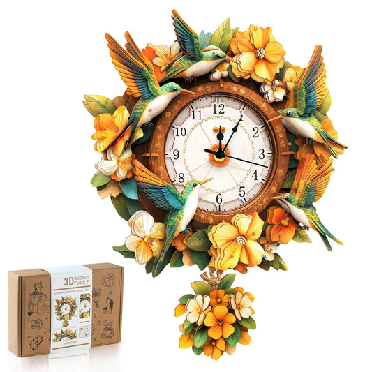 Rnfinewow hummingbird clock puzzle assembly with laser-cut pieces for a striking wall feature.