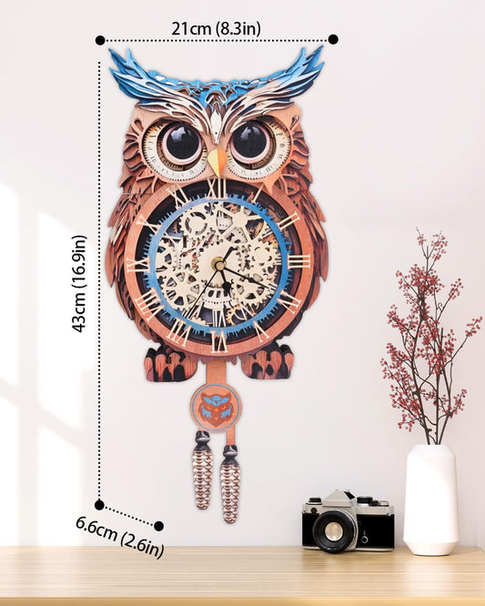 Rnfinewow Owl Clock puzzle pendulum detail highlighting moving parts