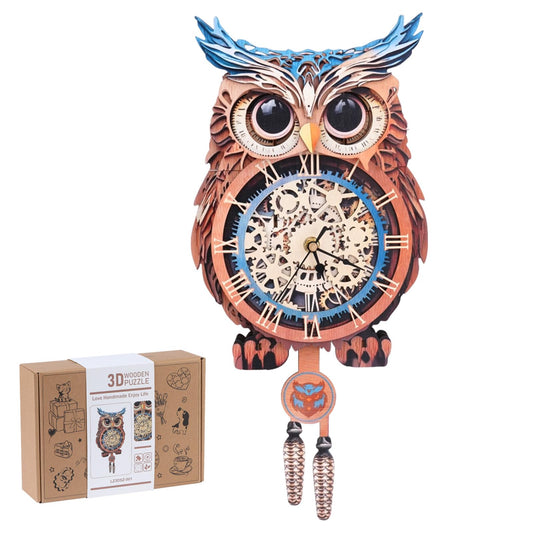Rnfinewow Owl Clock puzzle front view showing detailed owl design and decor potential