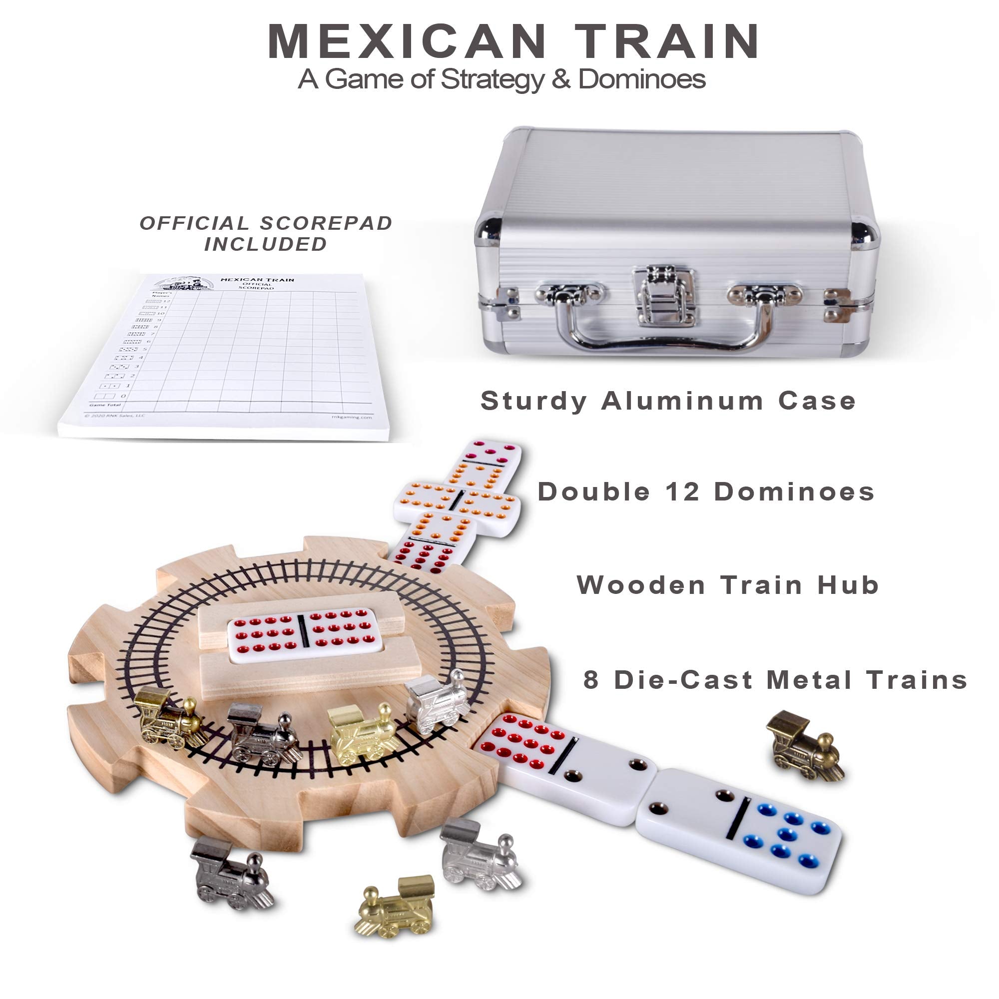 Die-cast metal train markers help players track trains clearly.