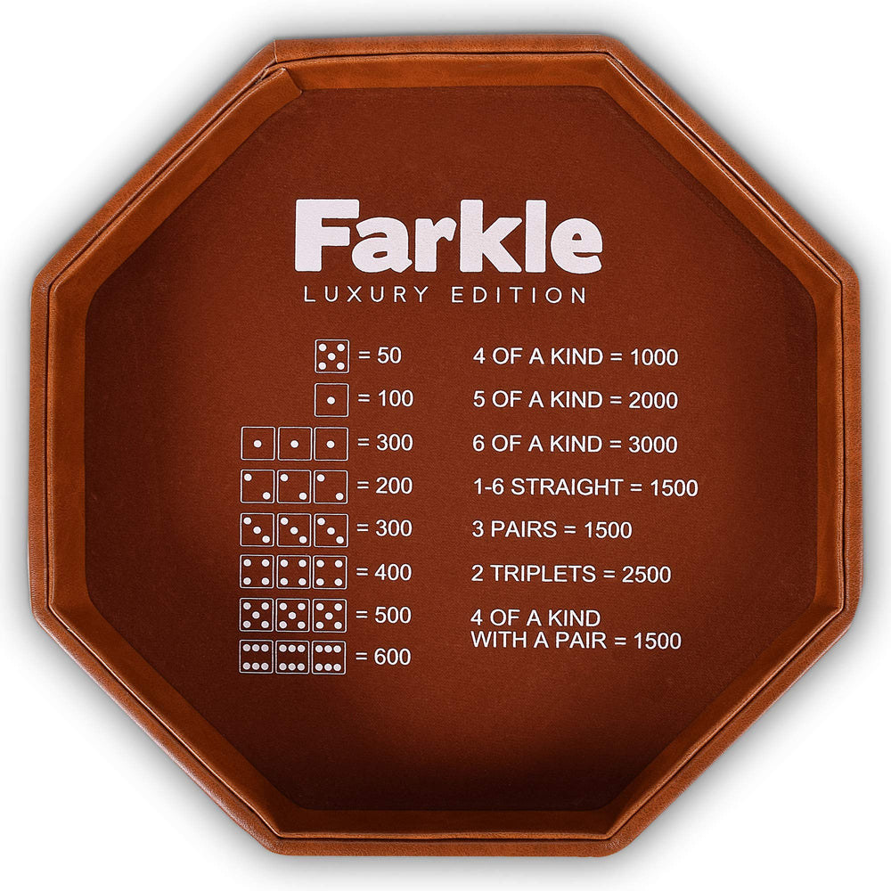 RNK Gaming Farkle Luxury Edition brown PU leather dice tray showing organized layout and premium feel.