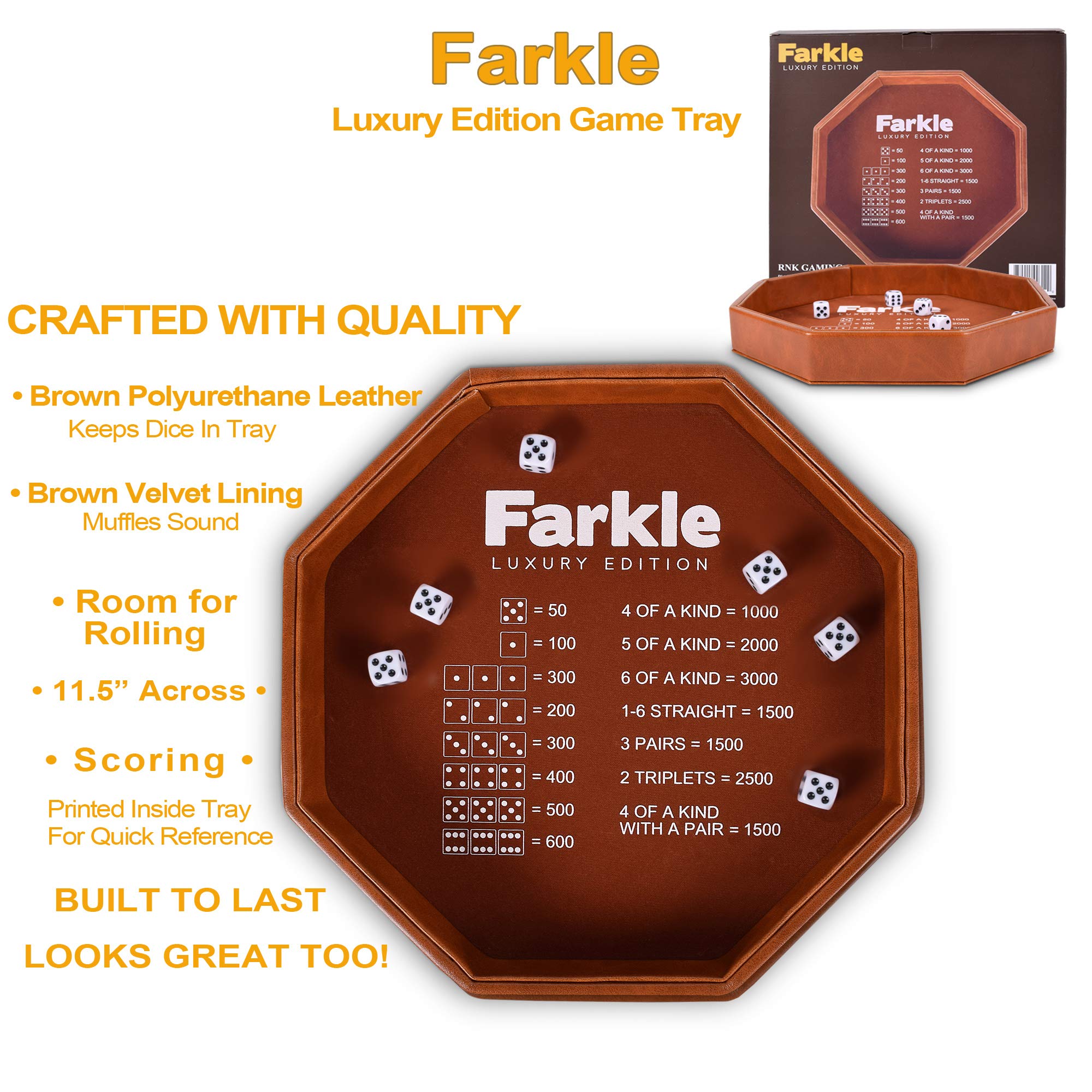 RNK Gaming Farkle Luxury Edition retains dice on the table during play.
