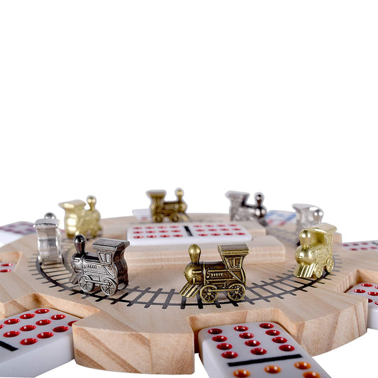 Wooden train hub centers the game with durable, authentic feel.