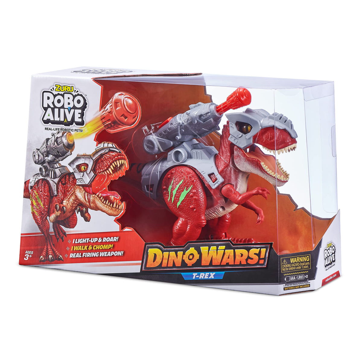 Robo Alive Dino Wars T-Rex front view highlights bold colors for play and display.