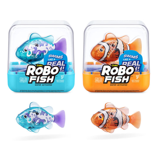 Robo Alive teal and orange Robo Fish swims in water, a lifelike water-activated toy for family play.