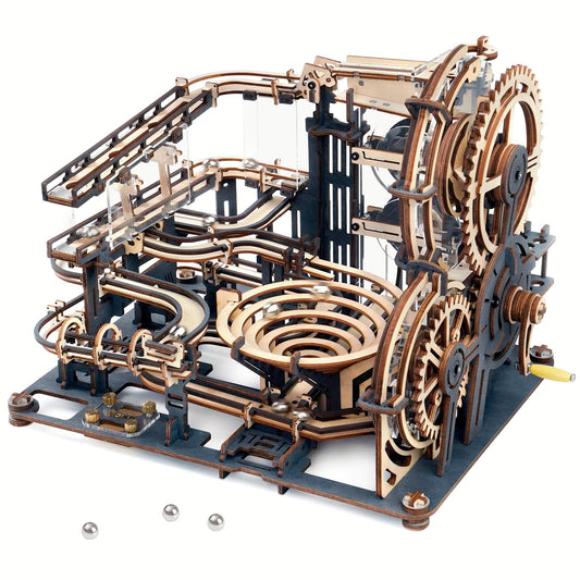 ROBOTIME 3D Marble Run assembly close-up with gears for STEM exploration