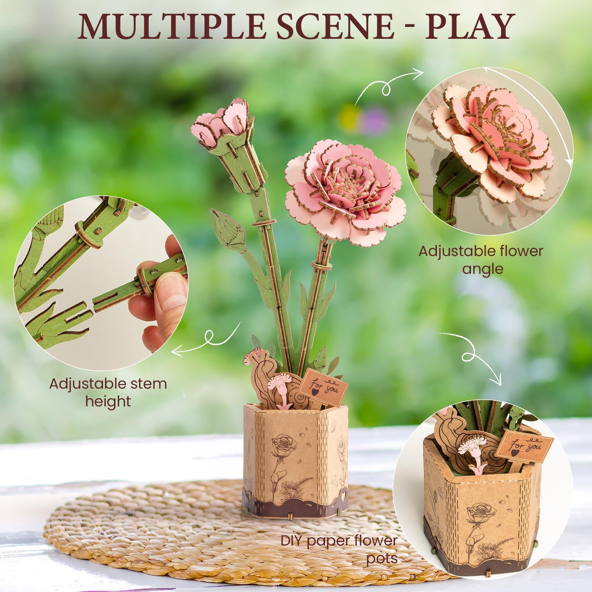 Robotime 3D pink carnation puzzle assembled as a refined centerpiece idea.