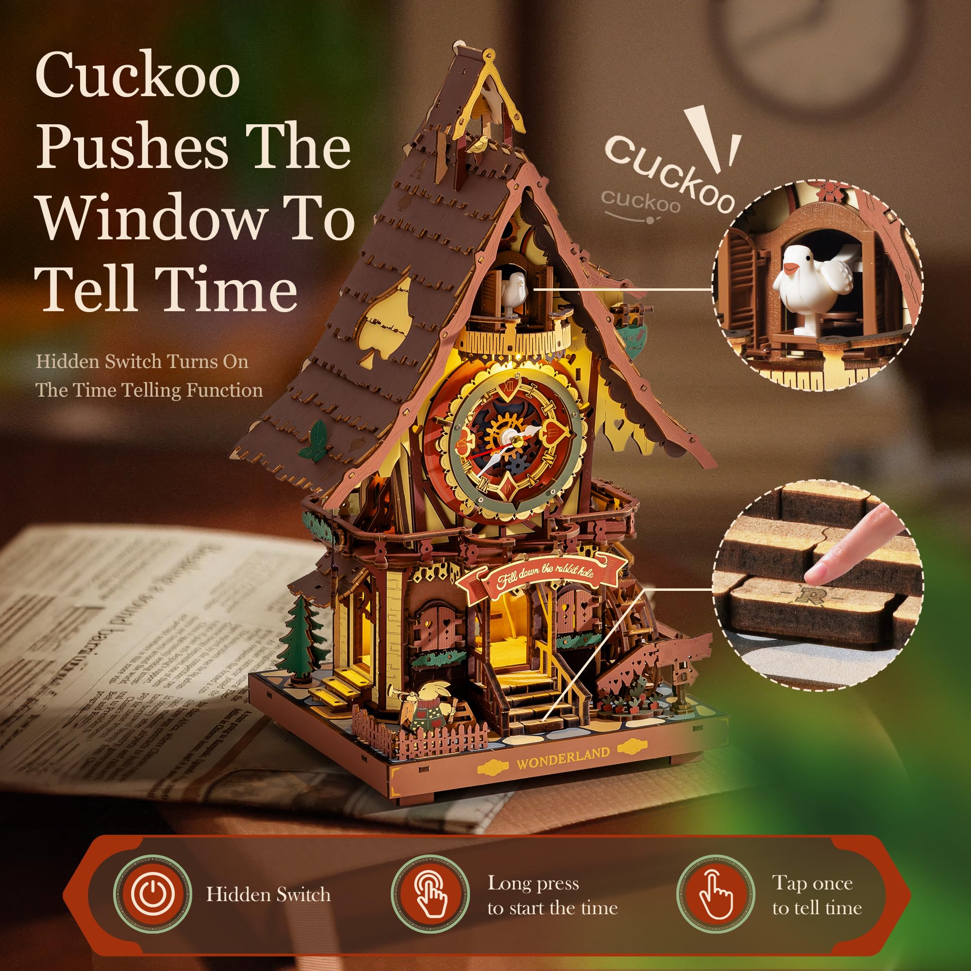 Robotime 3D cuckoo clock with two lights creates a magical night scene