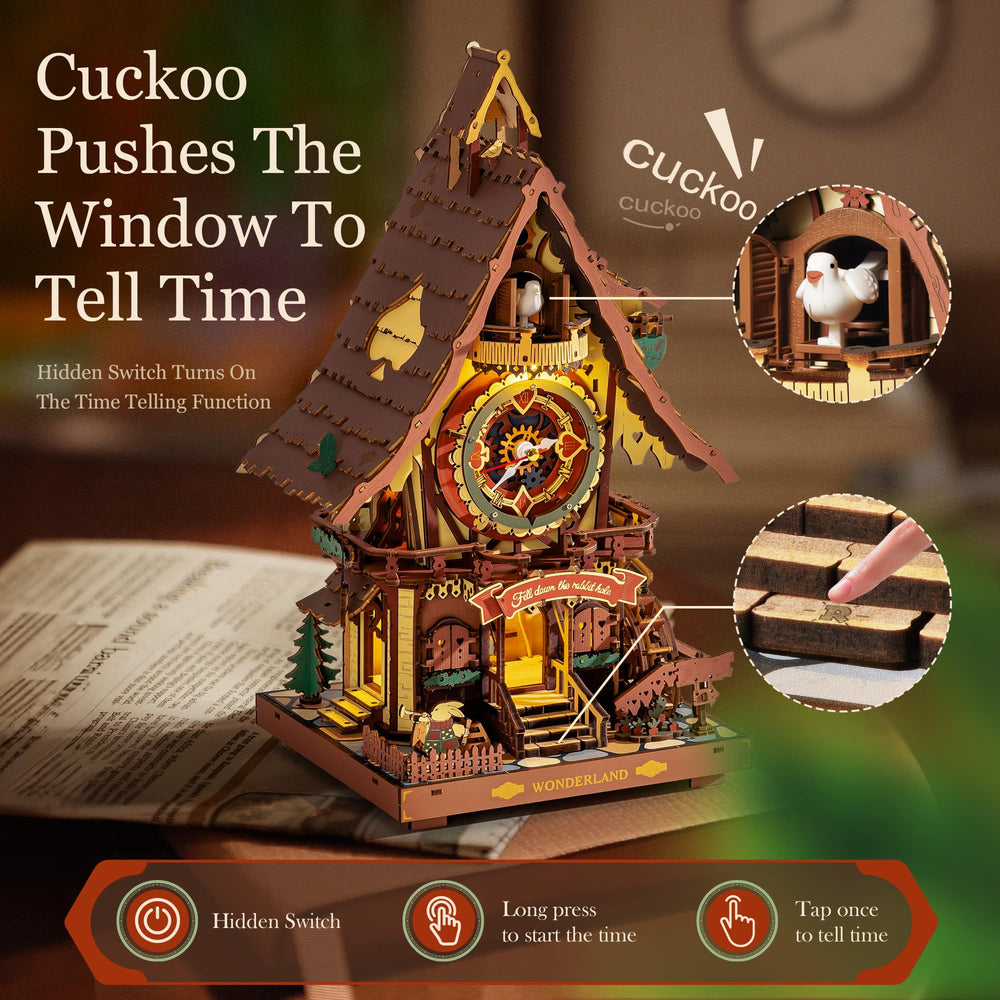 Robotime 3D cuckoo clock with two lights creates a magical night scene