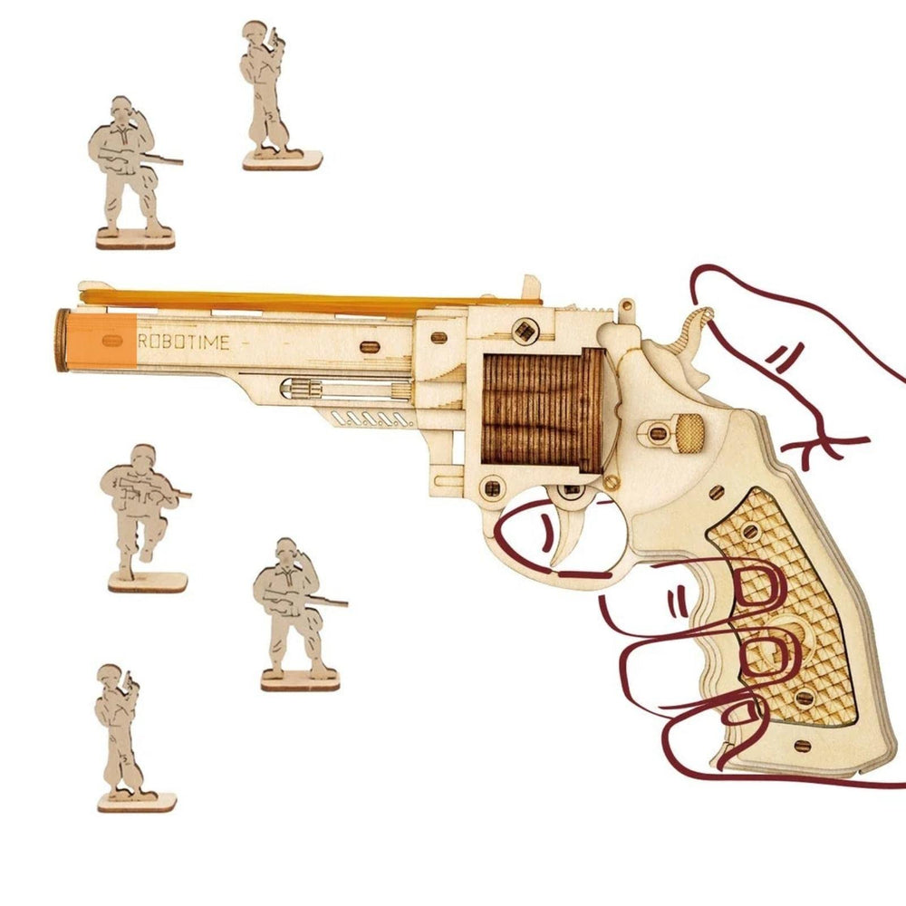 ROBOTIME 3D wooden gun model kit parts laid out for easy assembly and learning.