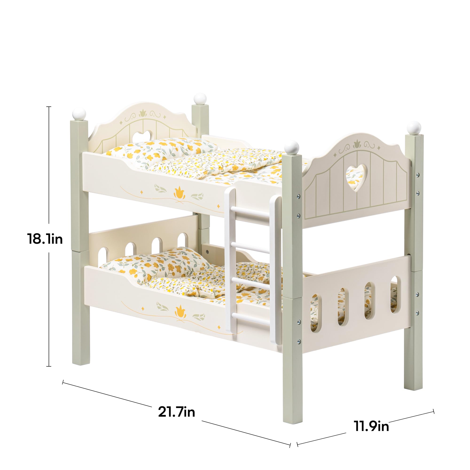 ROBOTIME green bunk bed for two dolls, space-saving setup
