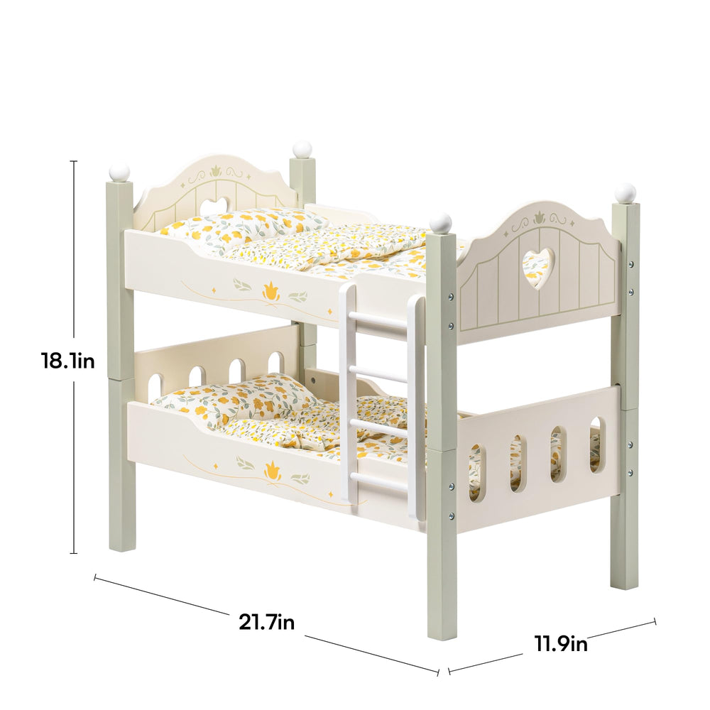 ROBOTIME green bunk bed for two dolls, space-saving setup