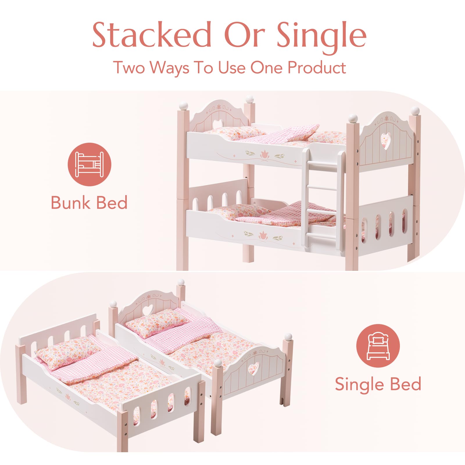 ROBOTIME wooden doll bed close-up highlights natural material and durability.