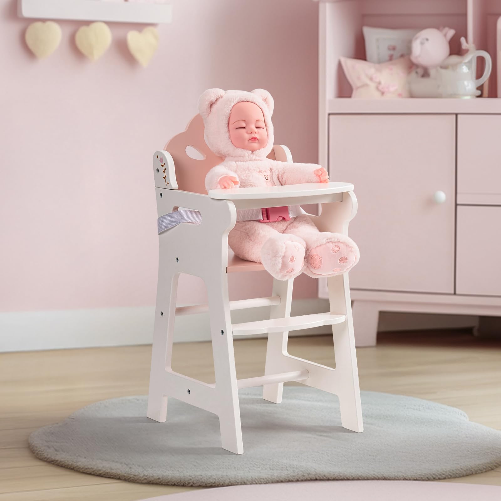 ROBOTIME Baby Doll High Chair easy-clean surface for quick maintenance.