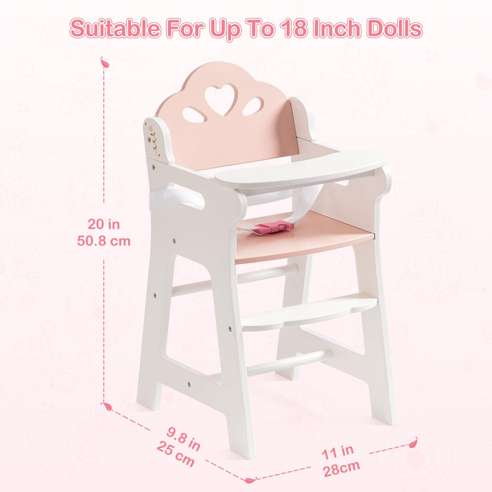 ROBOTIME Baby Doll High Chair wooden frame showcases durable pretend play.