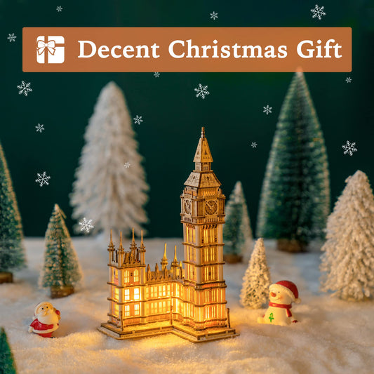 ROBOTIME Big Ben LED light inside creates a warm, nighttime display.