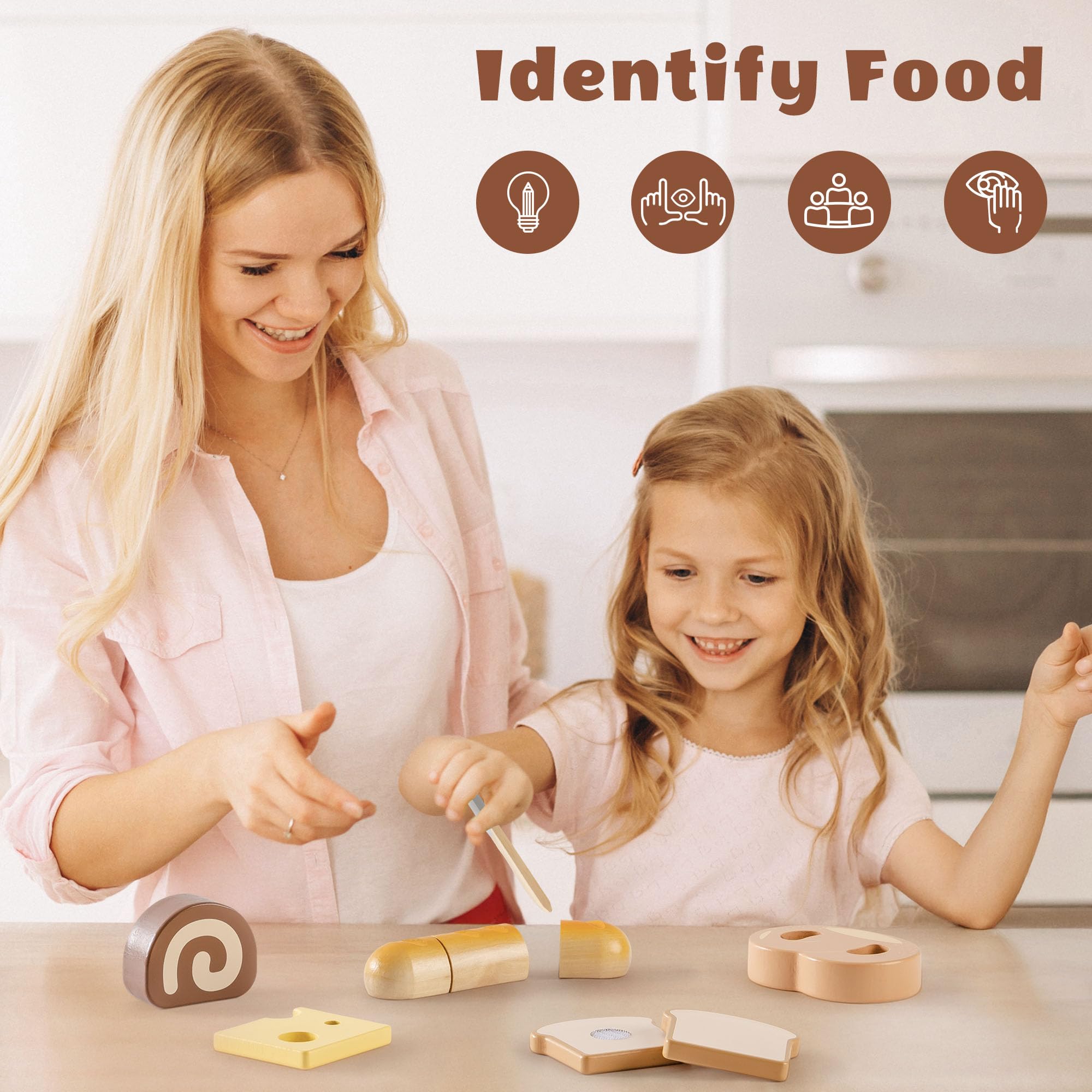 ROBOTIME wooden bread slices encourage interactive slicing play without mess or sharp edges.