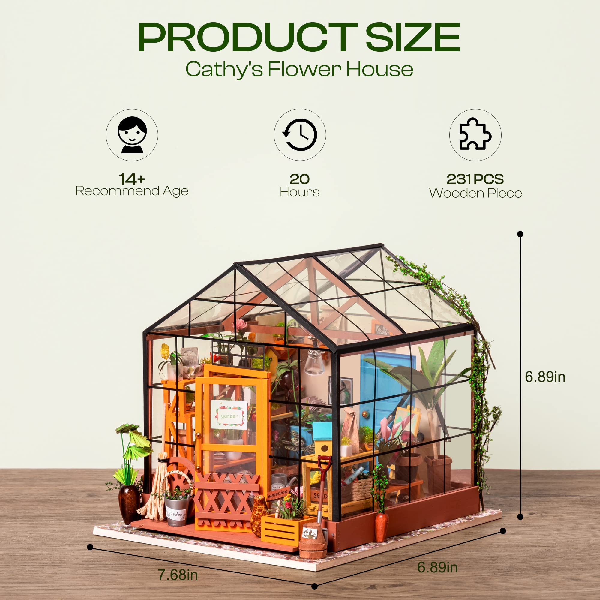 ROBOTIME Cathy’s Greenhouse compact dollhouse fits on a shelf or desk.
