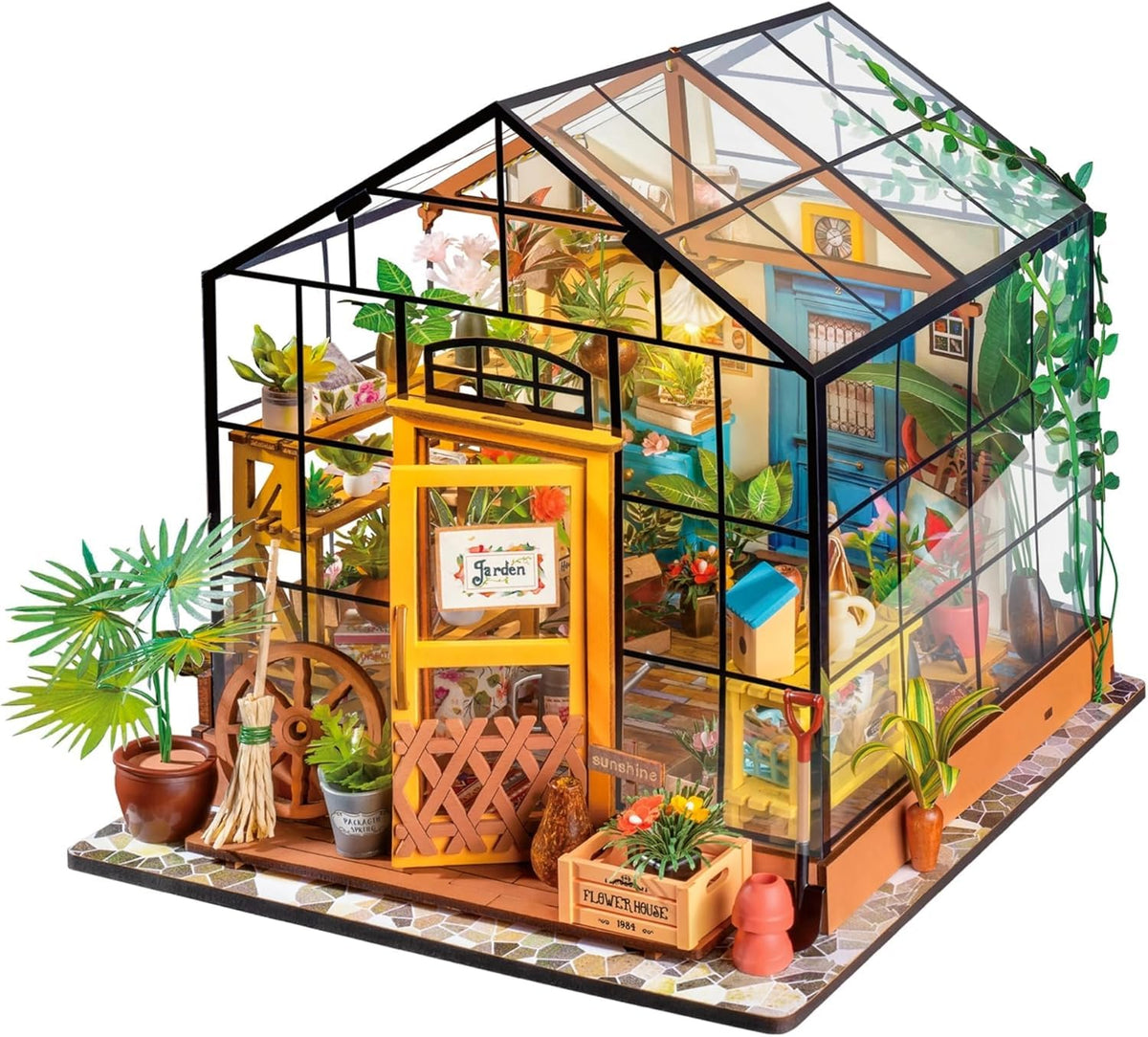ROBOTIME Cathy’s Greenhouse front view with LED glow for cozy desk decor.