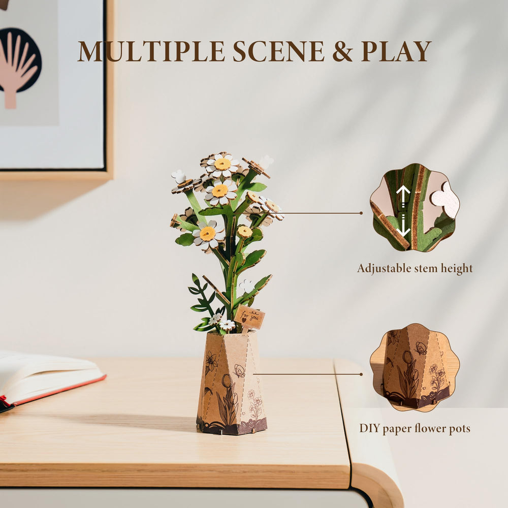 ROBOTIME chamomile collection bouquet preview showcases multiple wooden flowers