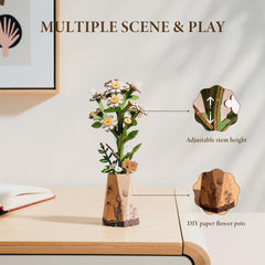 ROBOTIME chamomile collection bouquet preview showcases multiple wooden flowers