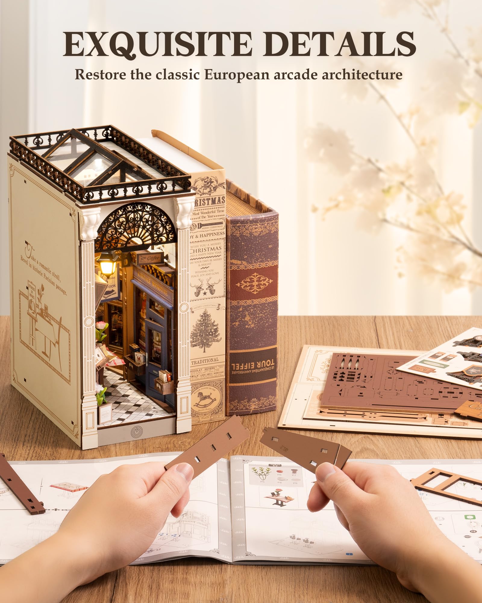 ROBOTIME DIY Book Nook open assembly area invites hands-on crafting.