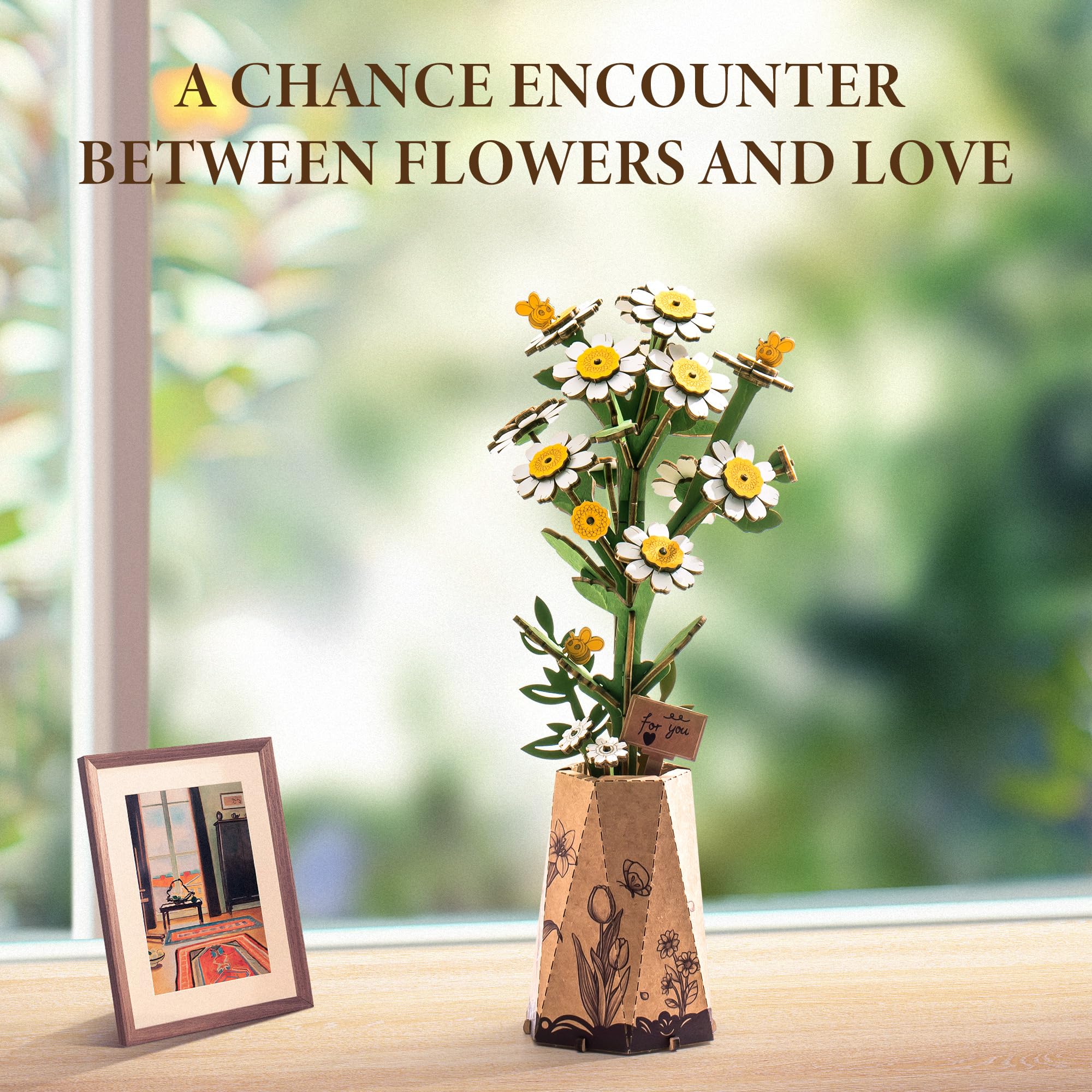 ROBOTIME chamomile wooden flower kit with assembly pieces for a relaxing crafting project