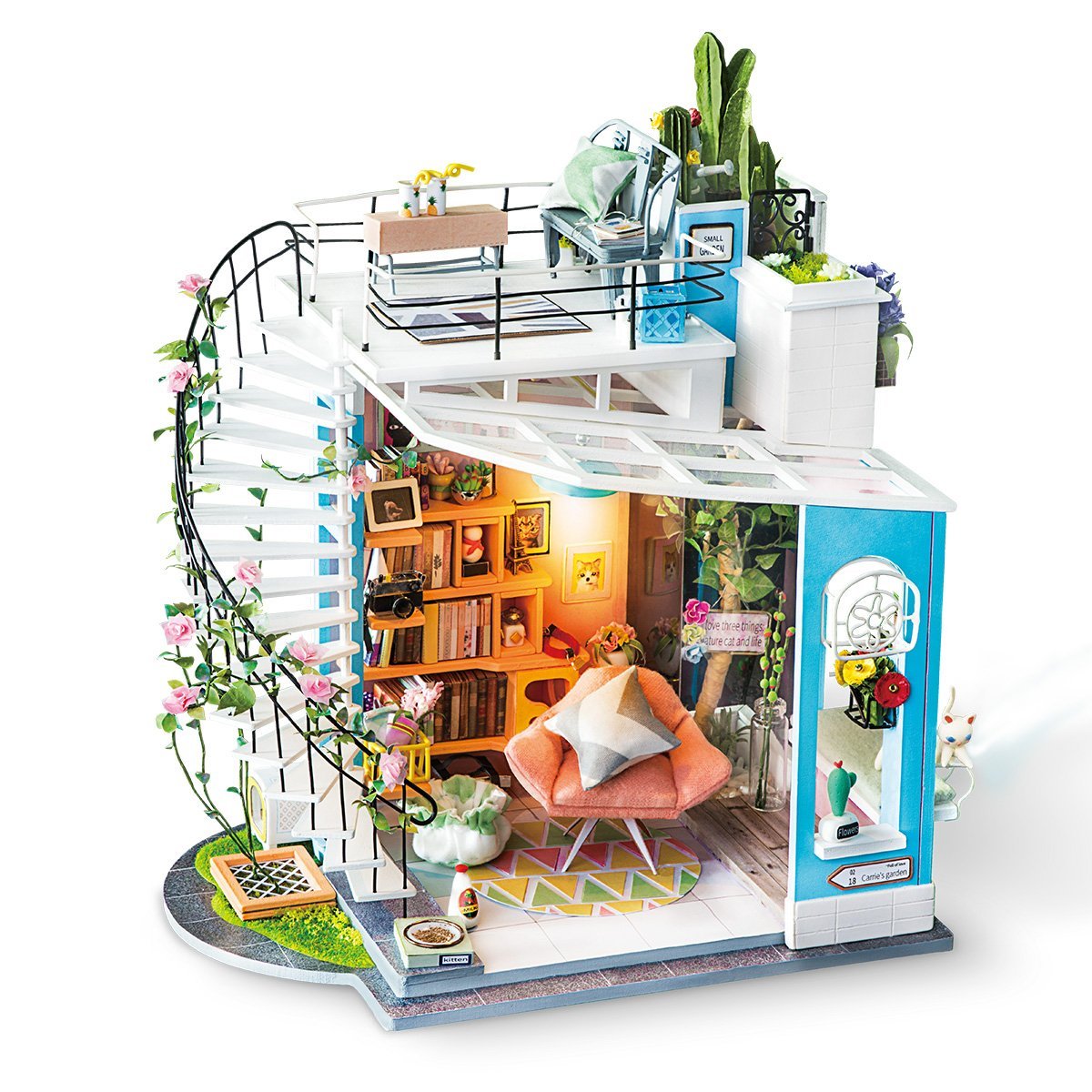 ROBOTIME dollhouse kit, front view, perfect for elegant desk display.