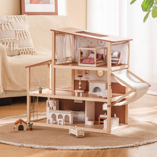 ROBOTIME dollhouse features a 3-story Bohemian design for imaginative play and storytelling