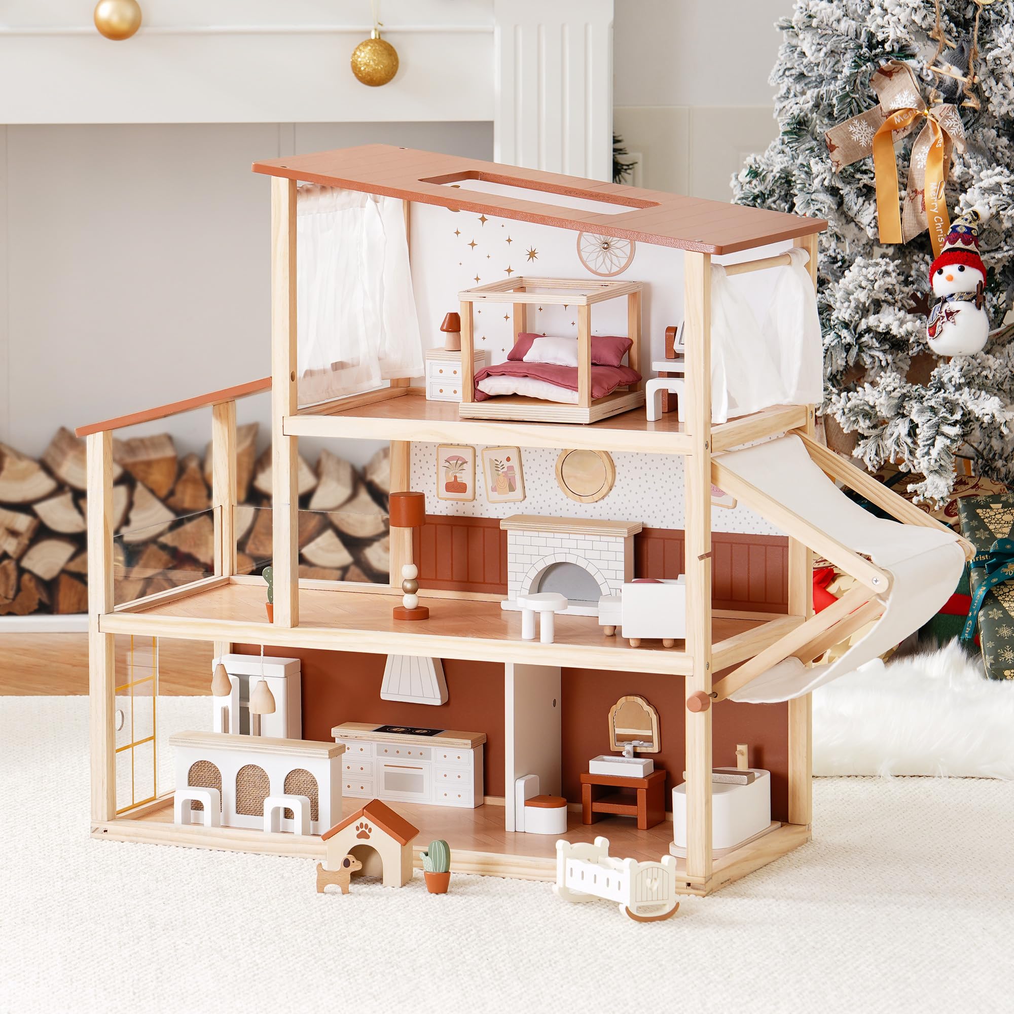 ROBOTIME includes a dog and baby crib to enrich nurturing play scenarios