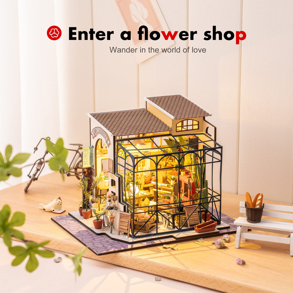 Robotime Emily's Flower Shop LED-lit interior adds cozy ambience for miniature scenes