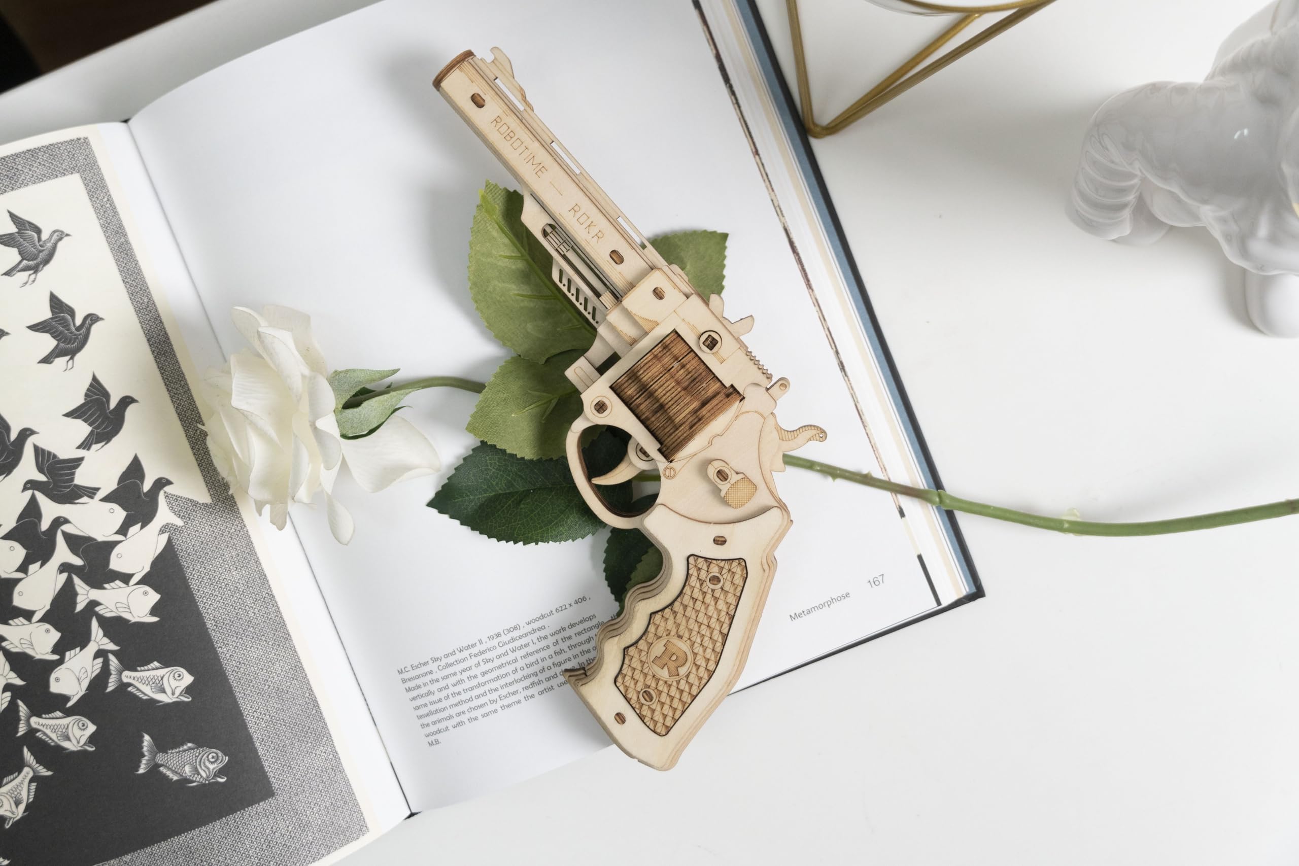 ROBOTIME wooden gun model finished stage ready for display and collection.