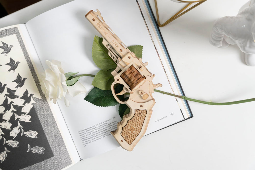 ROBOTIME wooden gun model finished stage ready for display and collection.