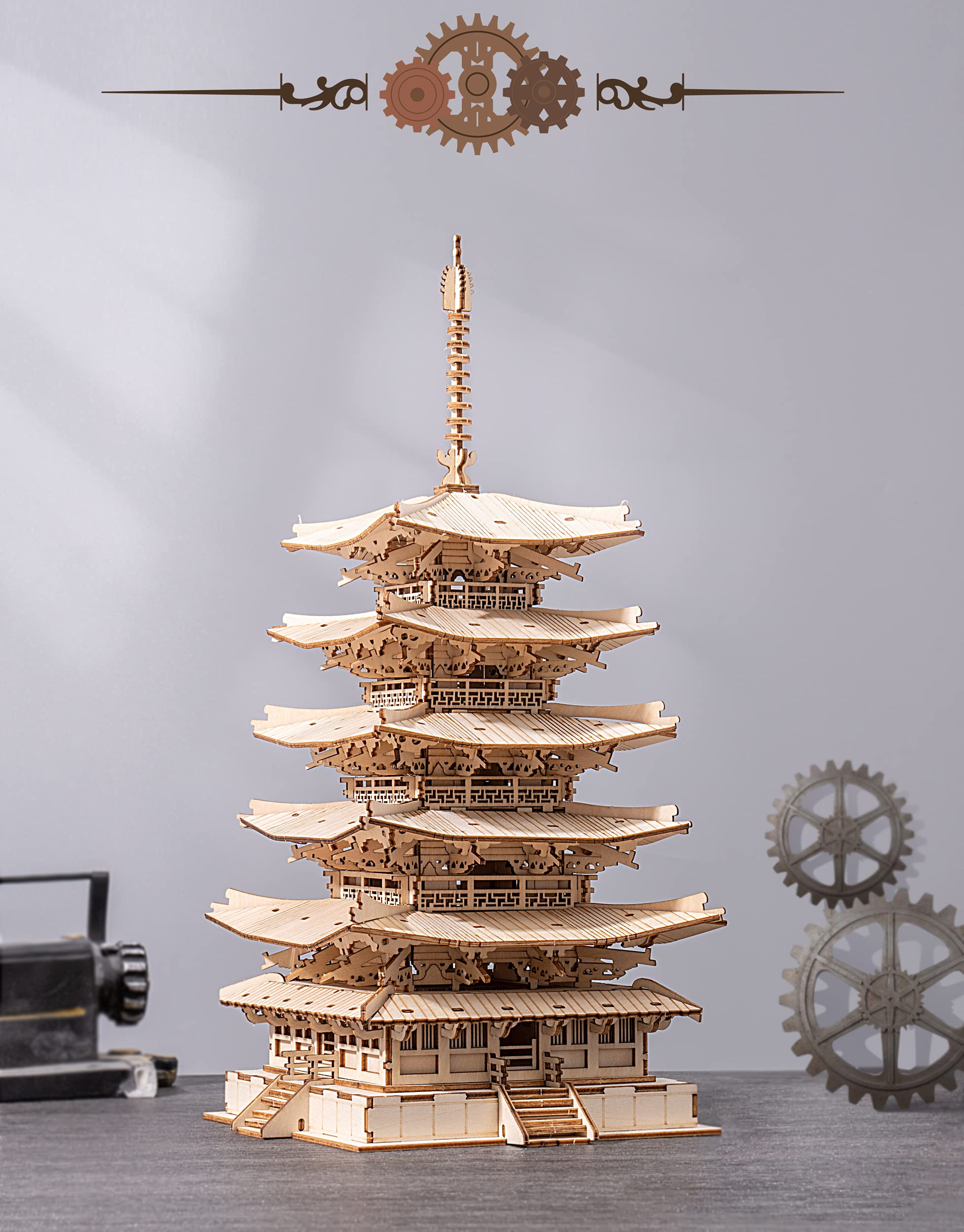 ROBOTIME Five-Storied Pagoda in box emphasizes ready-to-build packaging and contents