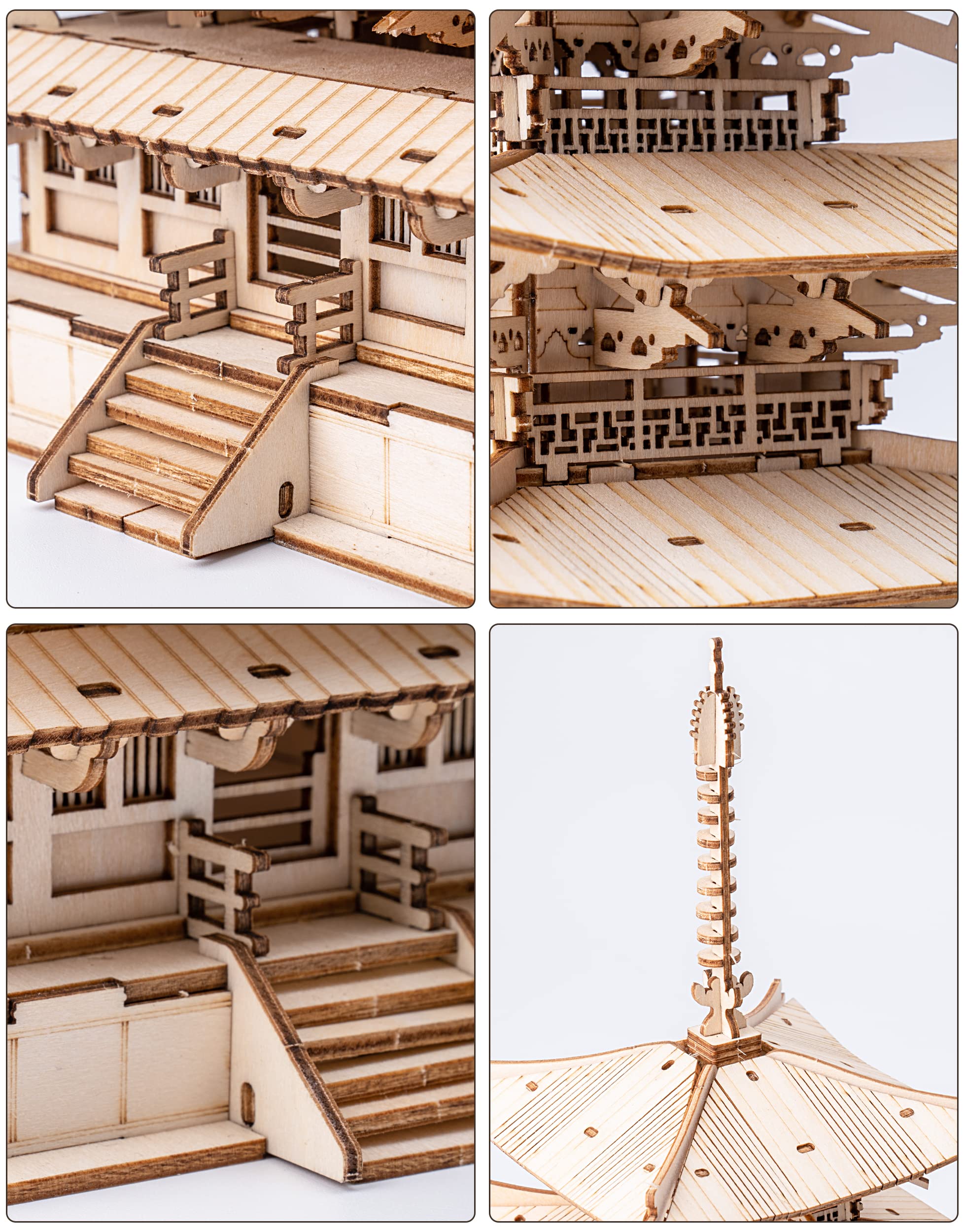 ROBOTIME Five-Storied Pagoda laser-cut edges ensure smooth assembly