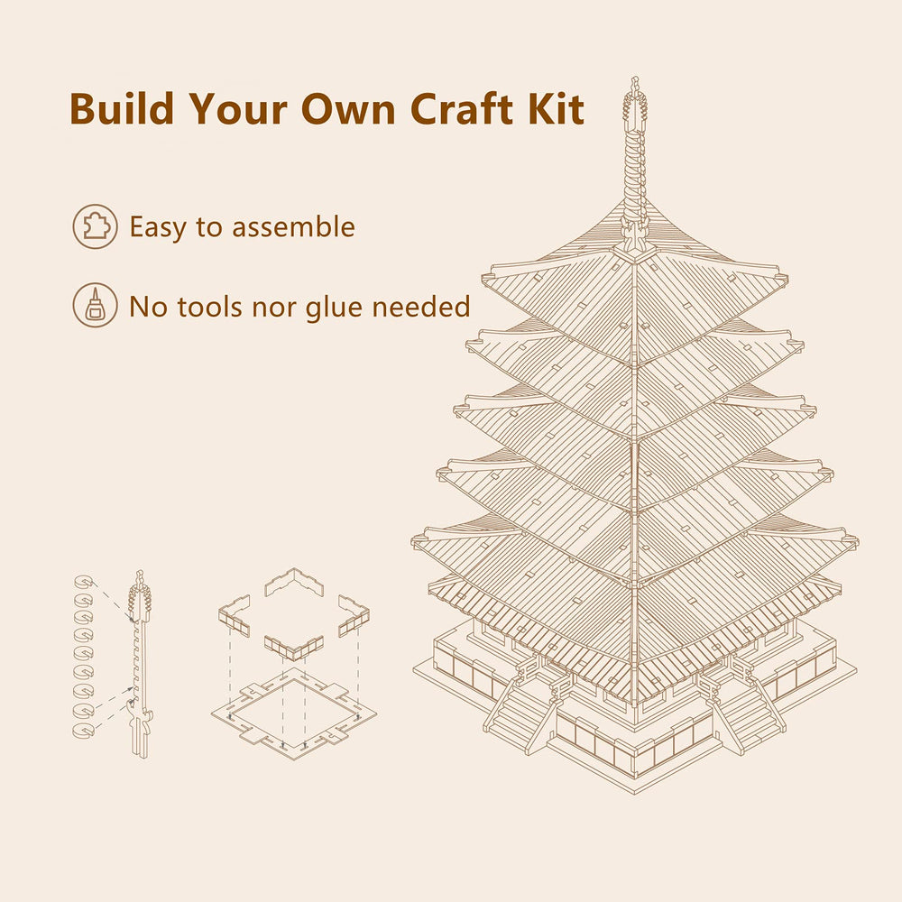 ROBOTIME Pagoda side detail highlighting layered architecture and tactile assembly feel