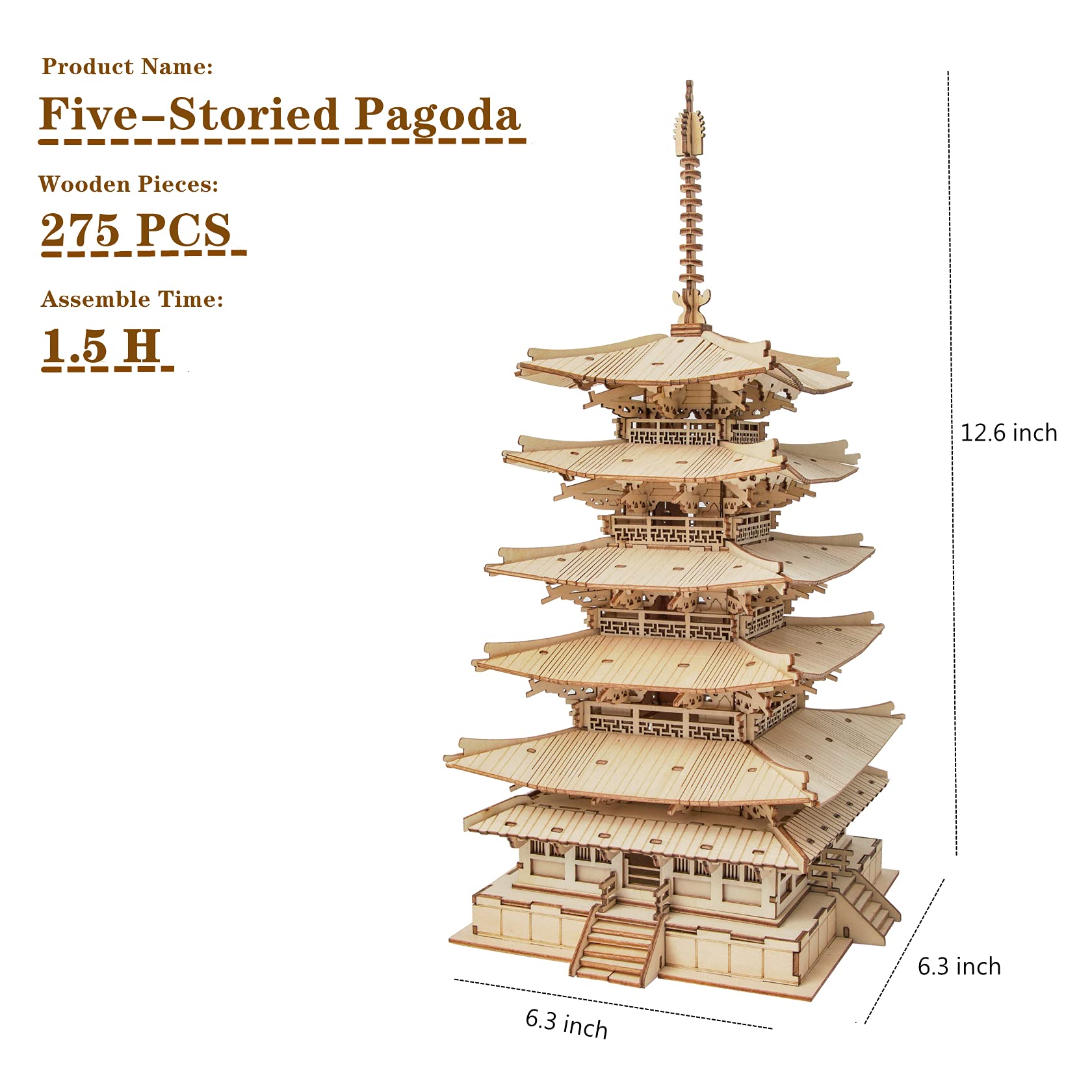 ROBOTIME Five-Storied Pagoda top angle reveals elegant symmetry and finish