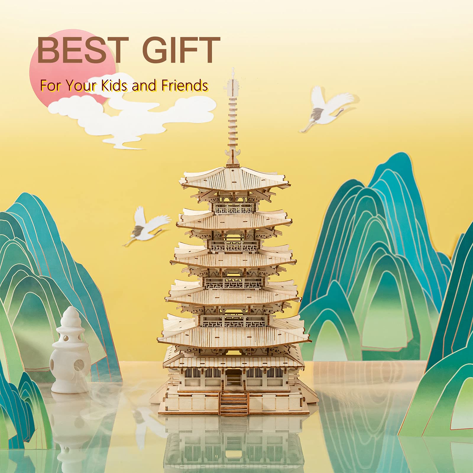 ROBOTIME Five-Storied Pagoda shows natural wood grains for warm authentic look