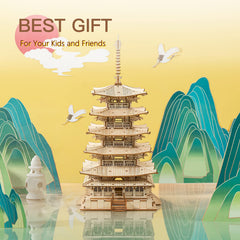 ROBOTIME Five-Storied Pagoda shows natural wood grains for warm authentic look