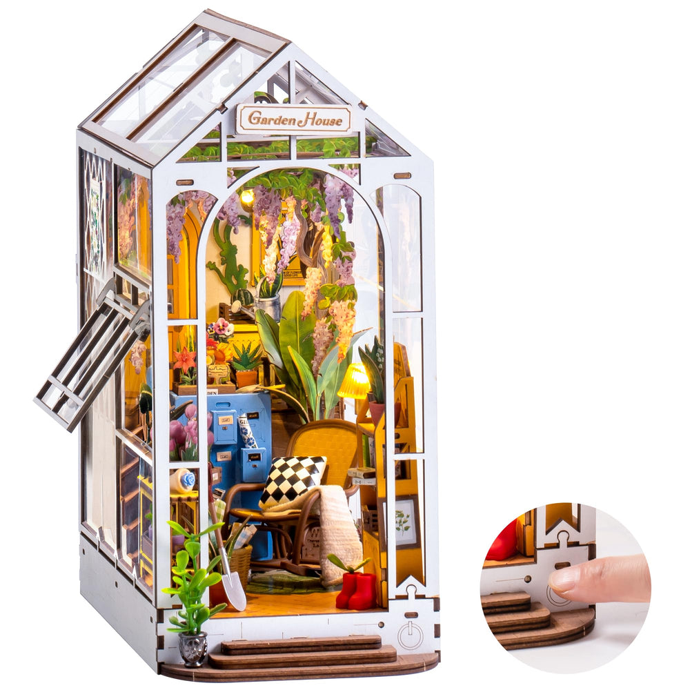Robotime Garden House Booknook exterior on a shelf adds a tranquil garden vibe.