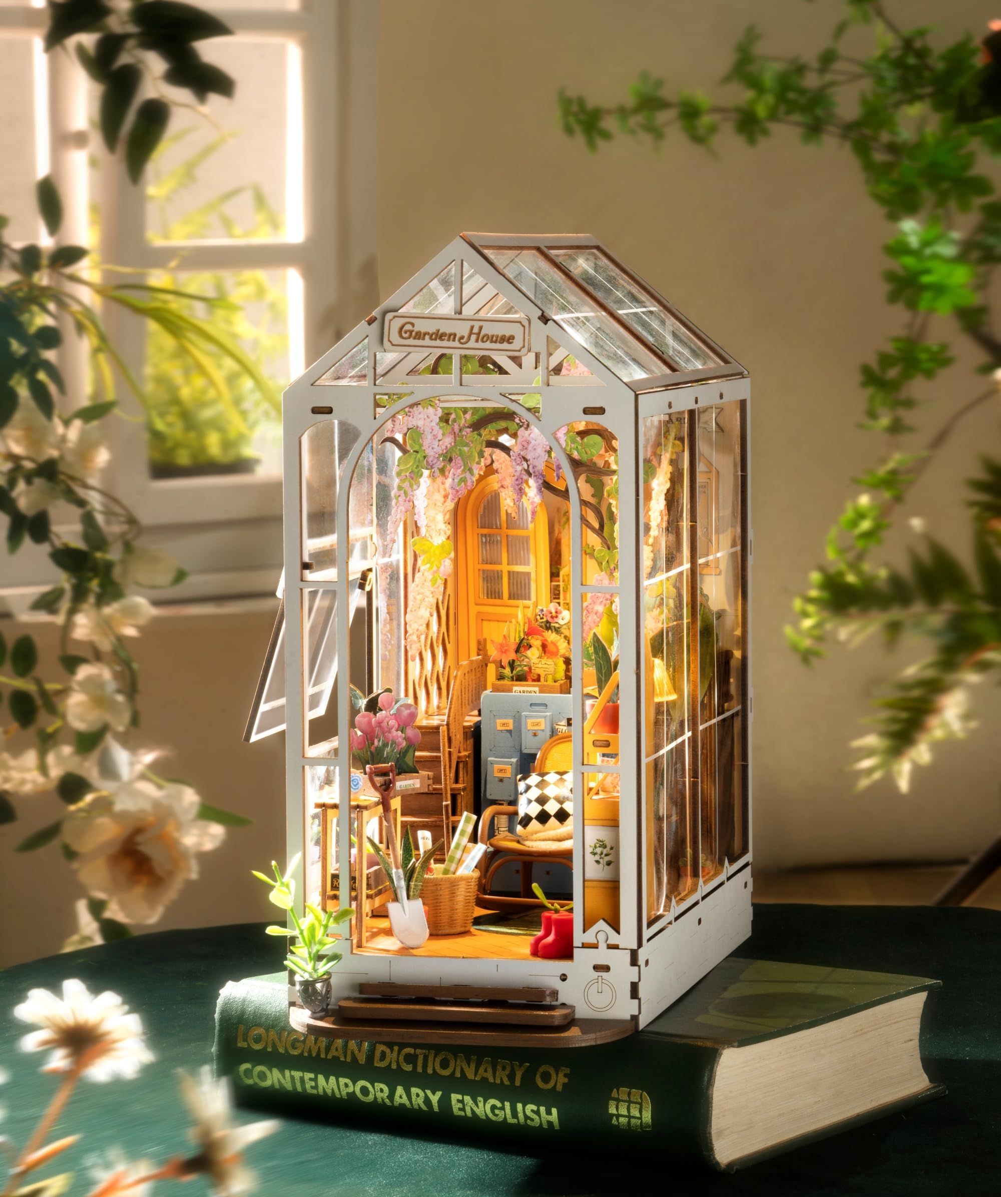 Robotime Garden House Booknook interior with wisteria creates a calming desk oasis.