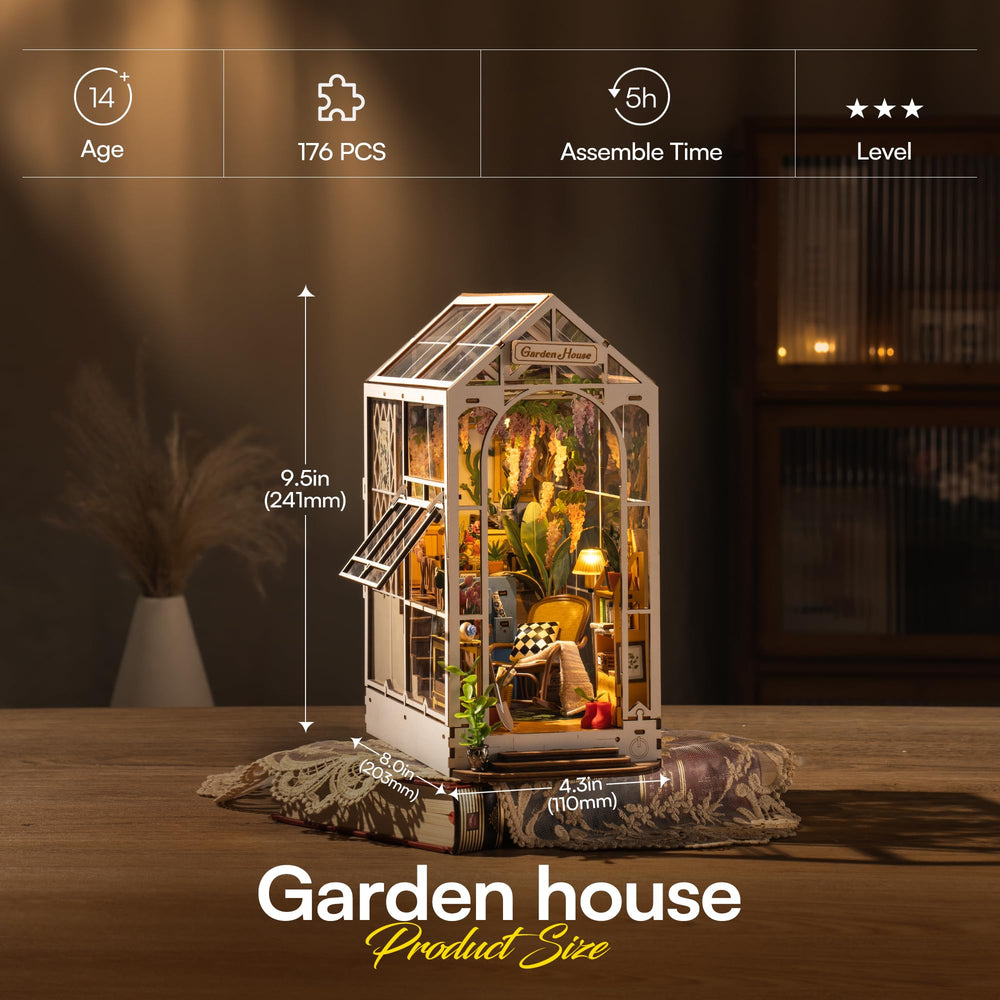 Robotime Garden House Booknook on a shelf serves as a charming bookend.
