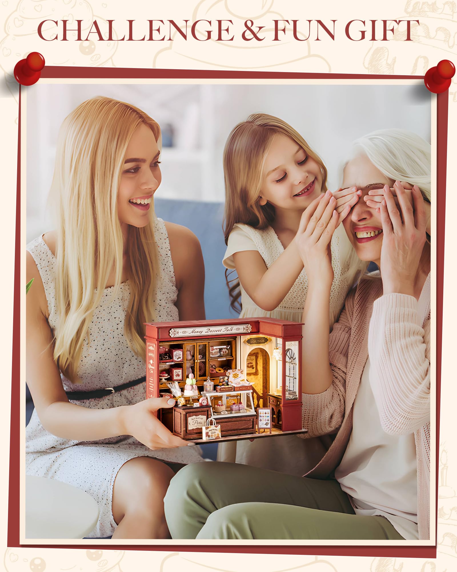 Robotime Honey Dessert Talk built-in LED lighting enhances nighttime display.