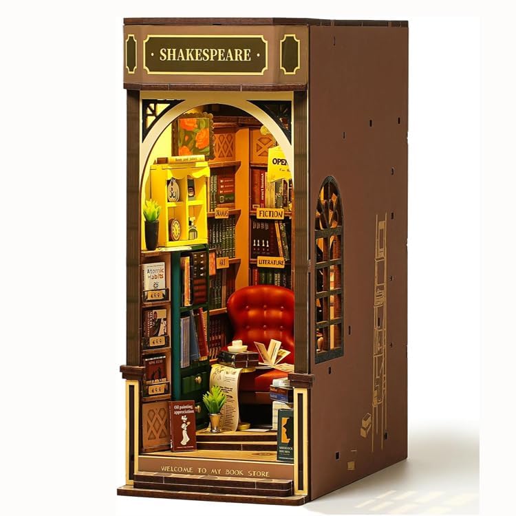 ROBOTIME LED night light enhances the miniature bookstore with warm illumination.