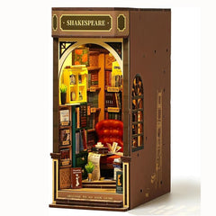 ROBOTIME LED night light enhances the miniature bookstore with warm illumination.